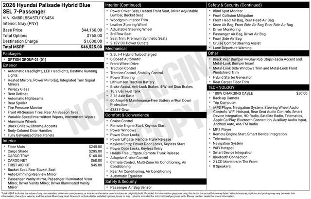 2026 Hyundai PALISADE HYBRID Blue SEL 7 Passenger