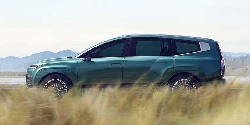 Side view of a sleek, dark teal SUV with tinted windows, partially obscured by tall golden grass