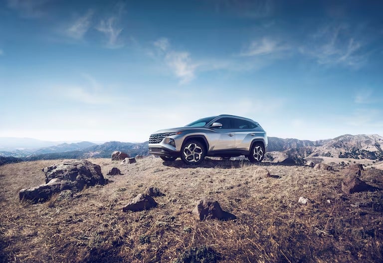 Side view of a Hyundai Vehicle in a desert on a clear day.