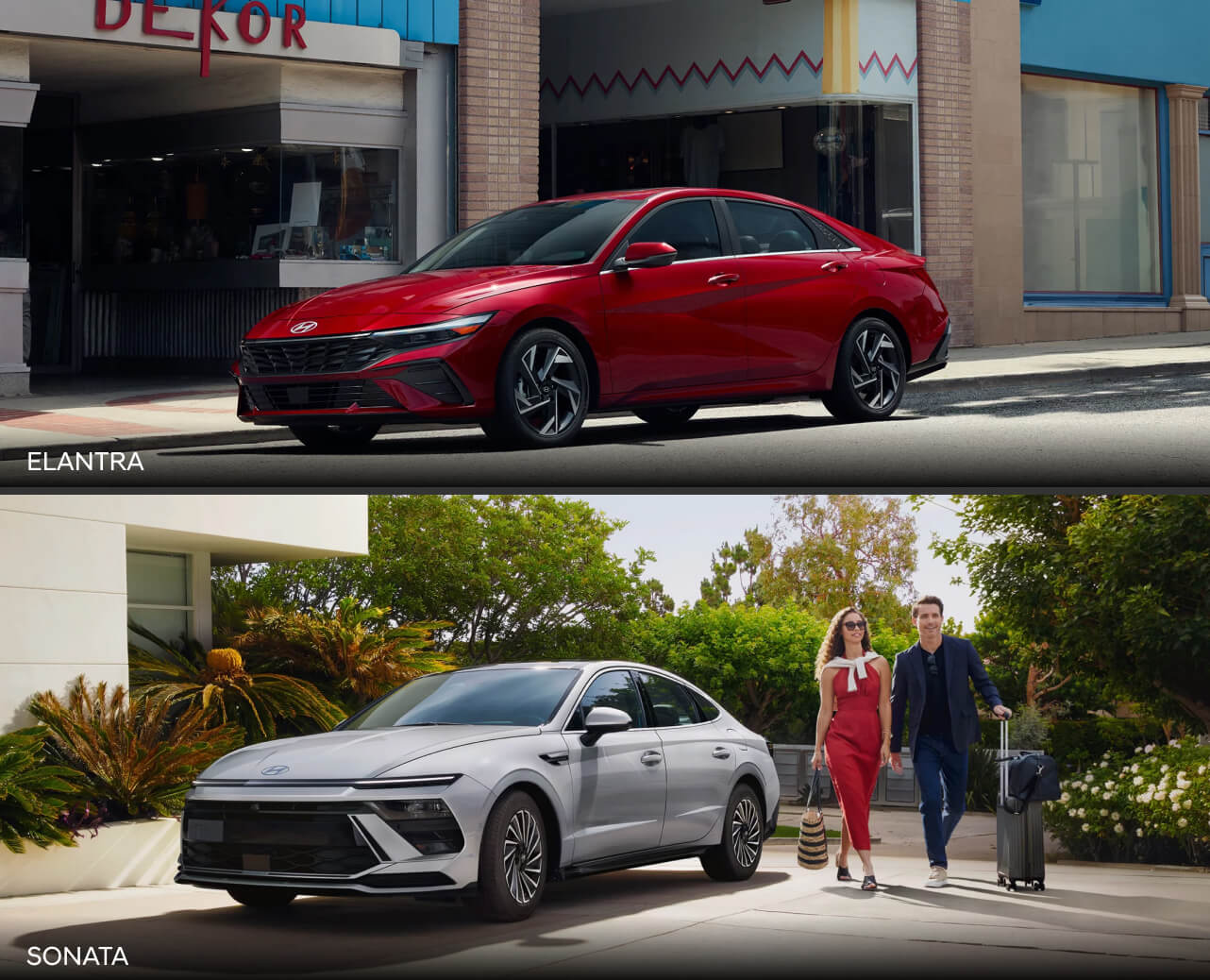 A red Hyundai Elantra parked on a city street. A gray Hyundai Sonata parked in a driveway.