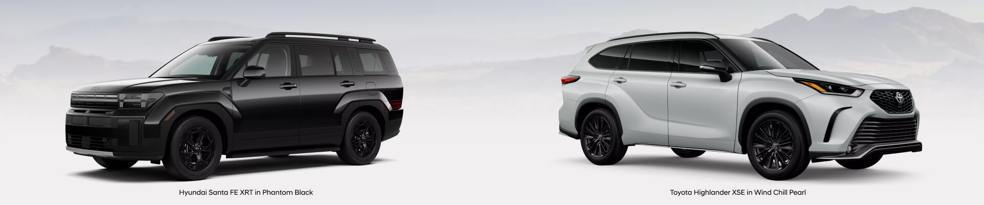 2026 Hyundai Santa FE XRT in Phantom Black, 2026 Toyota Highlander XSE in Wind Chill Pearl