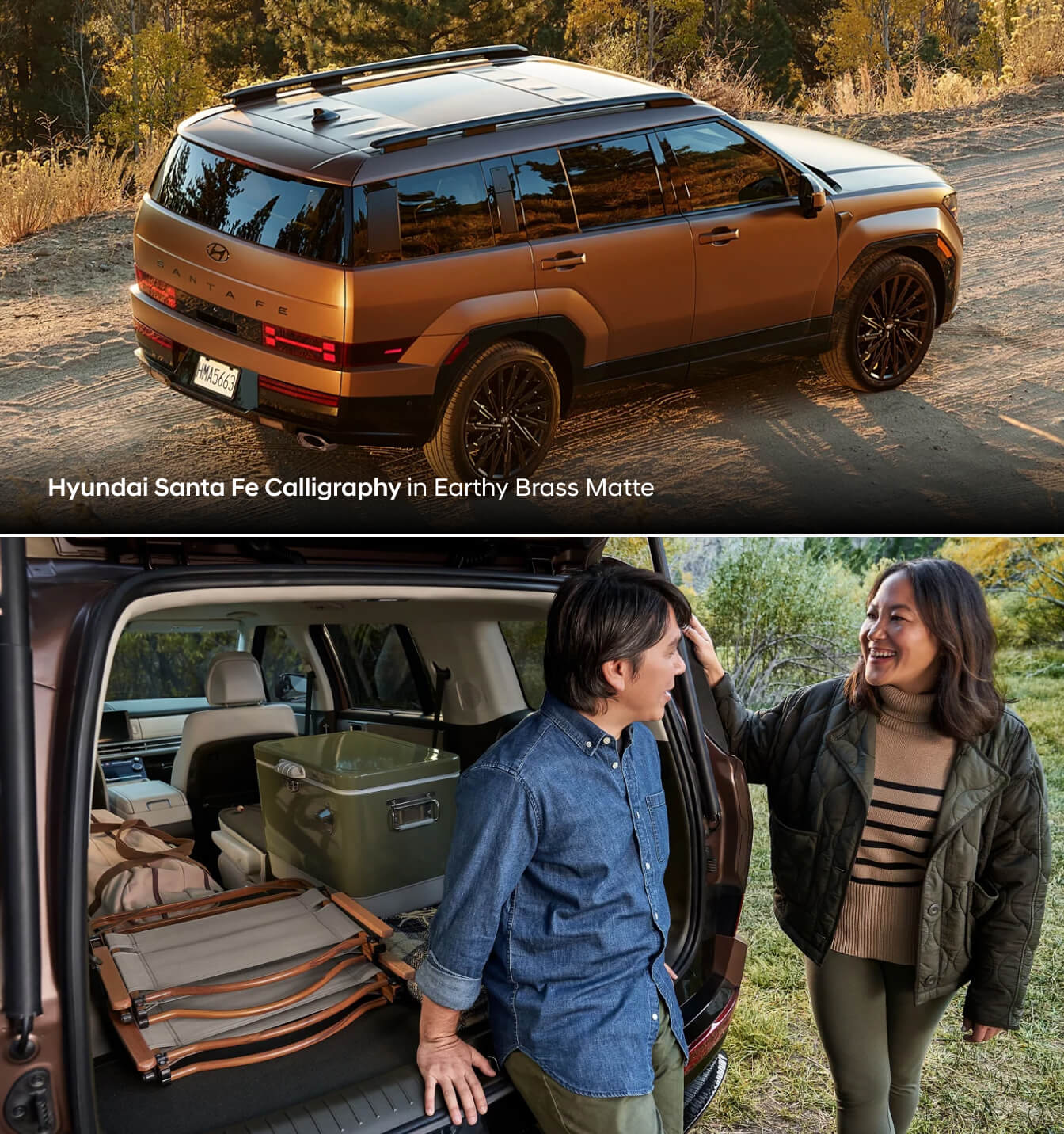 Top: Hyundai Calligraphy driving upon a dirt road/ Bottom: Friends having a discussion in front of the open trunk space of the Hyundai Calligraphy