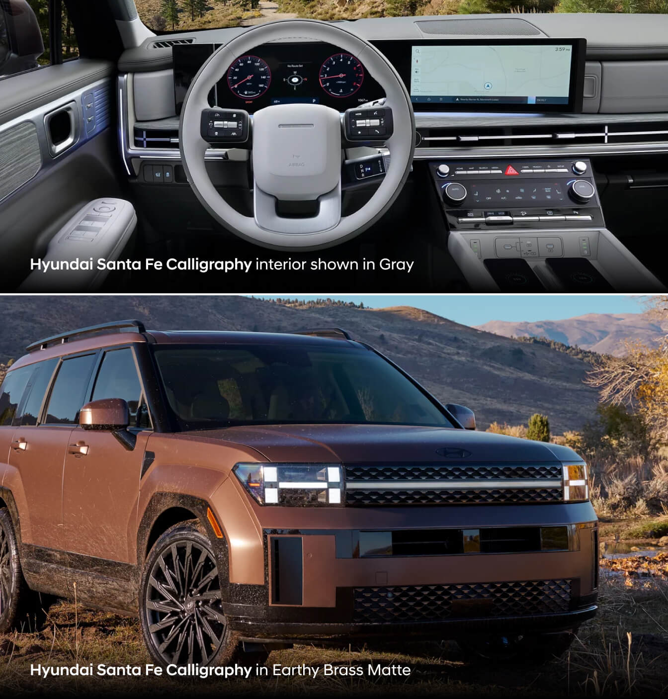 Top: Driver side interior of a Hyundai Calligraphy/ Bottom: Hyundai Calligraphy in Brass Matte on a dirt path