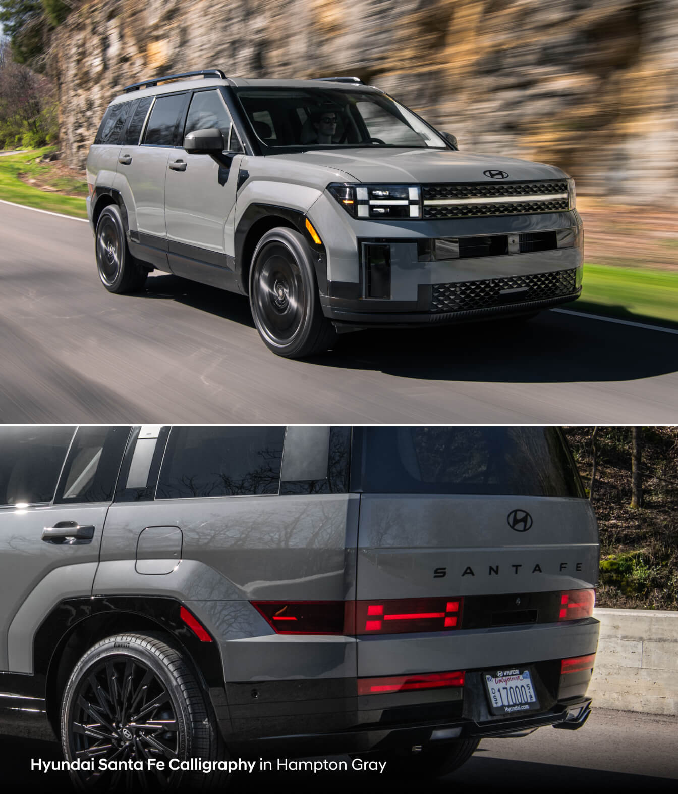 Top: Hyundai Calligraphy in Hampton Gray driving down road/ Bottom: Hyundai Calligraphy in Hampton Gray Rear side view.