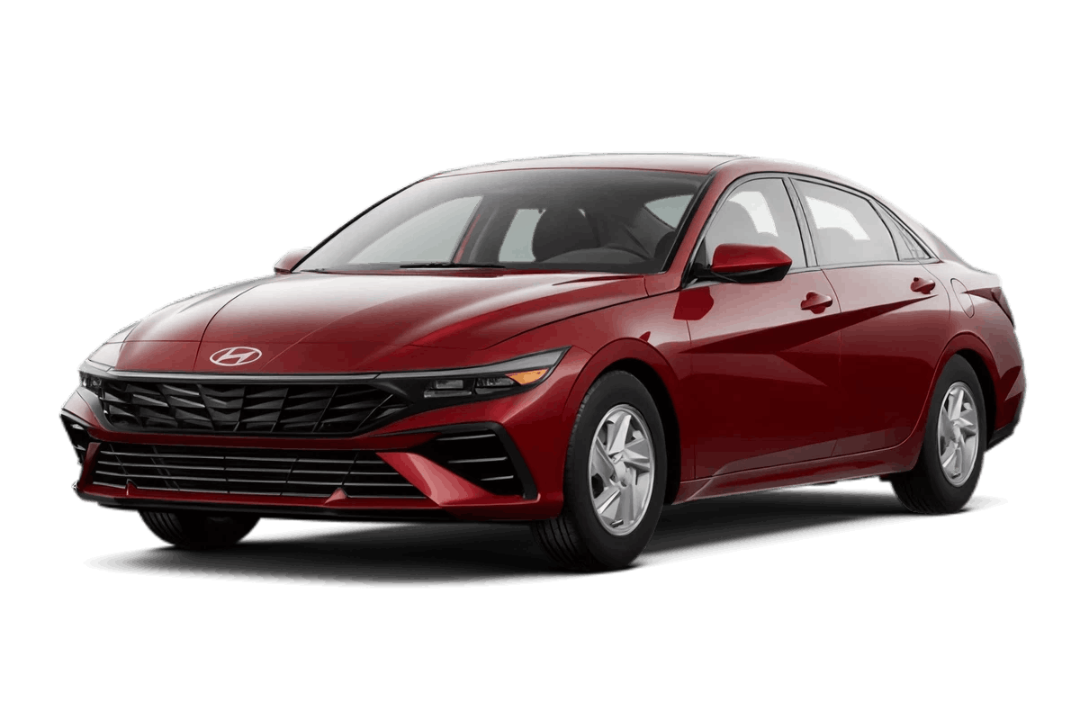 Red Hyundai Elantra sedan shown from a front three-quarter view.