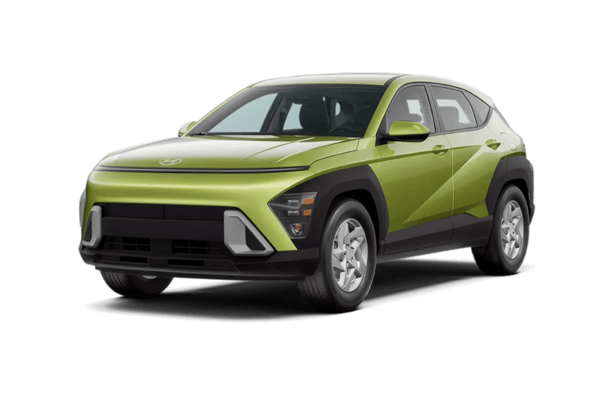 Green Hyundai Kona SUV shown from a front three-quarter view.