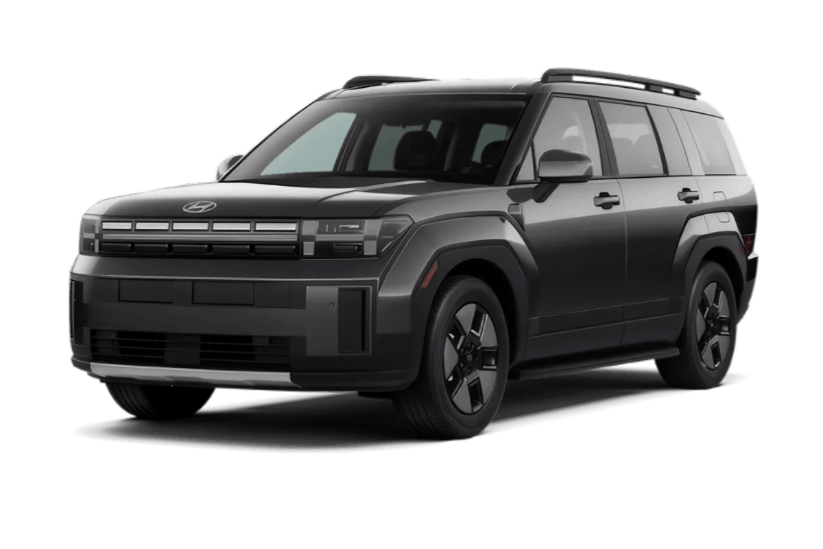 Dark gray Hyundai Santa Fe Hybrid SUV shown from a front three-quarter view.