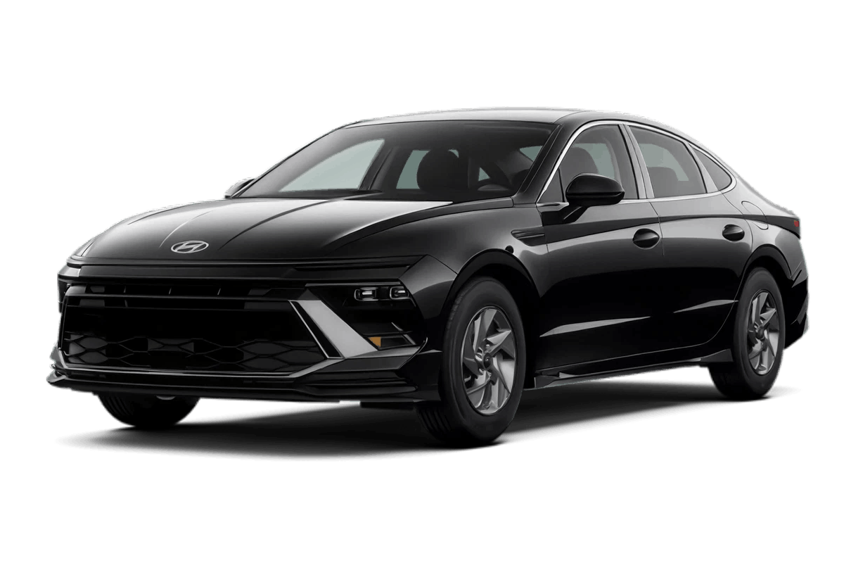 Black Hyundai Sonata sedan shown from a front three-quarter view.