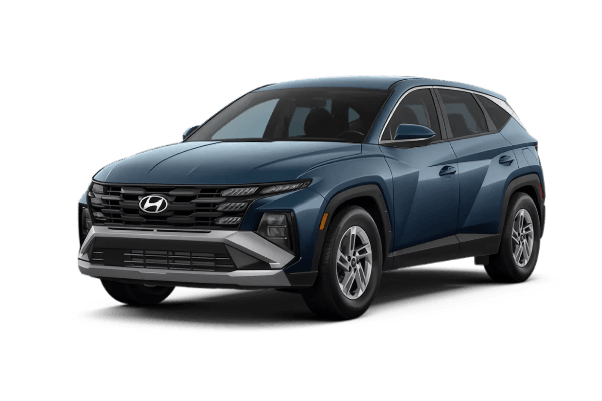 Blue Hyundai Tucson SUV shown from a front three-quarter view.