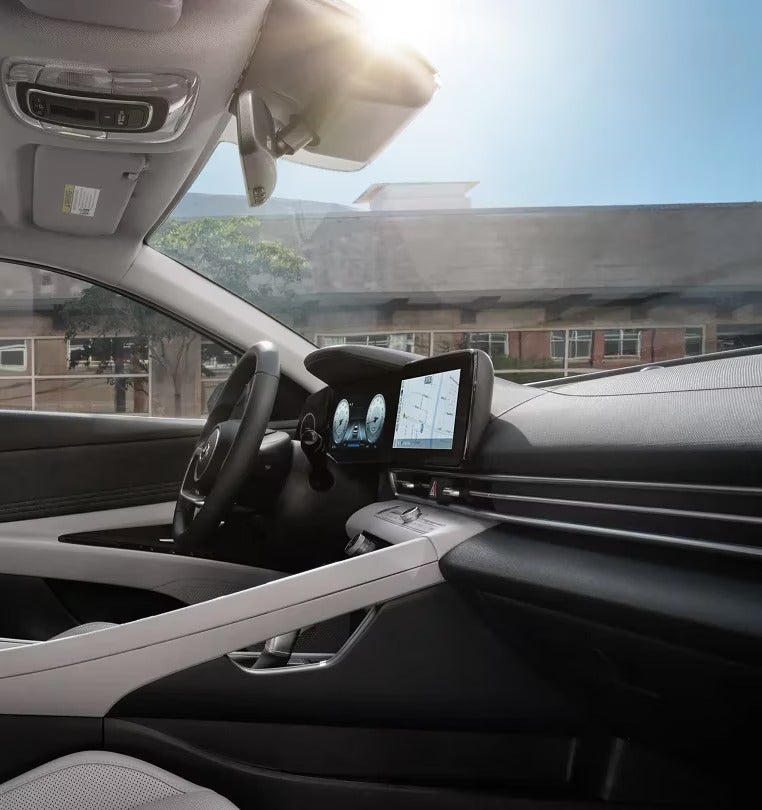 Interior view of driverside from passengerside POV of Hyundai Elantra