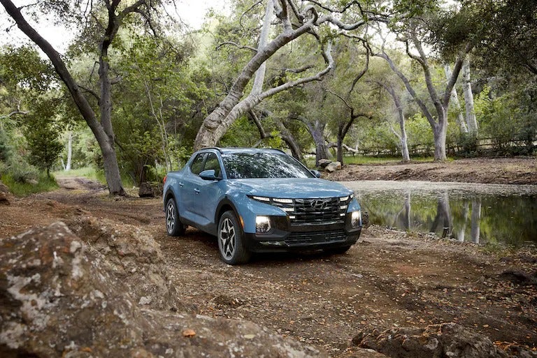 Hyundai Santa Cruz on a dirt road in a forest clearing
