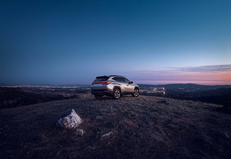 Rear view of Hyundai Tucson on top of tall hill